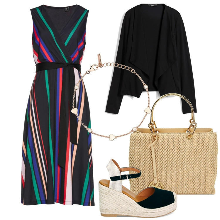 Outfit donna - Casual-chic tutti i giorni - curvy style. Stile Casual chic per Tutti i giorni. Abbinamento con blazer, vestiti, braccialetti, borse a mano, zeppe.