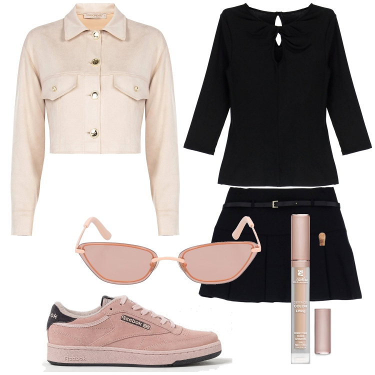 Outfit donna - MaggiO. Stile Trendy per Tutti i giorni. Abbinamento con correttori, blazer, minigonne, t-shirt, sneakers, occhiali da sole.
