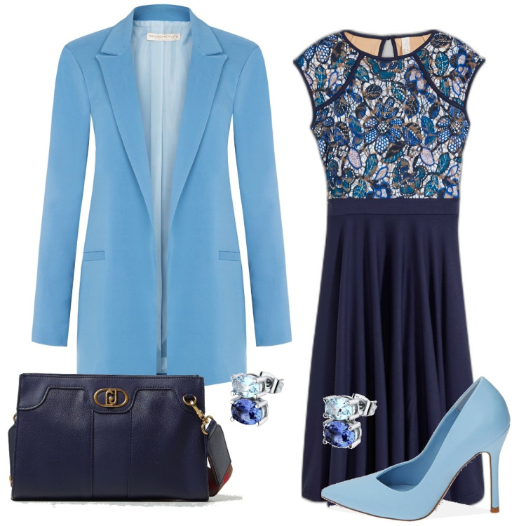 Outfit donna - Pranzo formale. Stile Chic per Tutti i giorni. Abbinamento con vestiti midi/longuette, orecchini, blazer, décolleté, borse a tracolla.