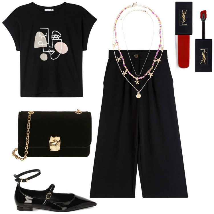 Outfit donna - Sere d\'estate. Stile Casual chic per Serata fuori. Abbinamento con ciondoli, rossetti, pantaloni a palazzo, t-shirt, borse a tracolla, ballerine.