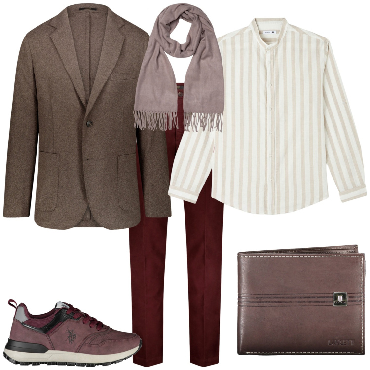 Outfit uomo - Trendy ufficio week end. Stile Trendy per Ufficio. Abbinamento con camicie, pantaloni, sciarpe, giacche, portafogli, scarpe sportive.