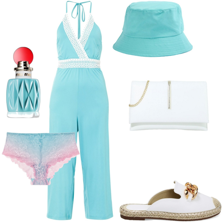 Outfit donna - Verde mare e bianco panna. Stile Casual per Mare. Abbinamento con tute, culotte, profumi, cappelli, pochette, sabot.