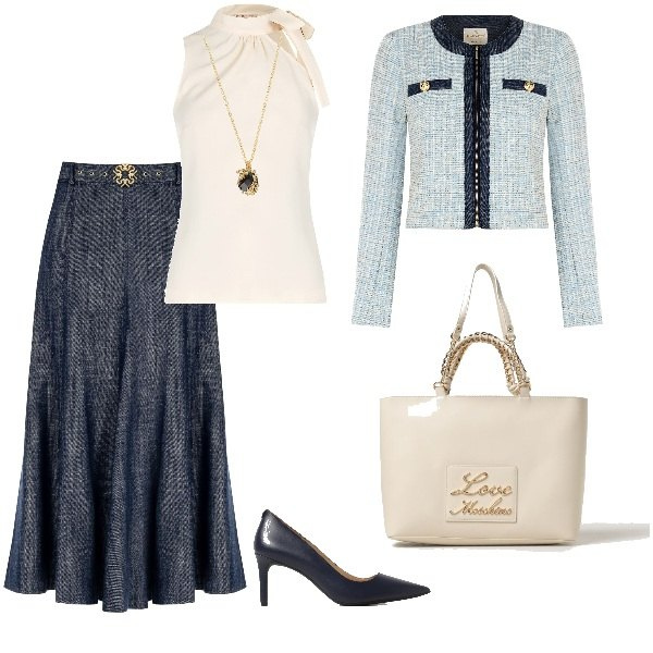 Outfit donna - Total look #1872247. Stile Casual chic per Ufficio. Abbinamento con collane, gonne longuette, blazer, top, décolleté, borse tote.