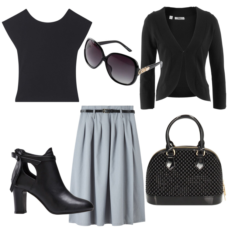 Outfit donna - Total look #1872252. Stile Urban per Ufficio. Abbinamento con stivaletti, occhiali da sole, blazer, gonne lunghe, t-shirt, borse a mano.