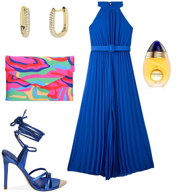 Outfit donna - Bella ed elegante spendendo poco. Stile Glamour per Serata fuori. Abbinamento con profumi, tute, orecchini, pochette, sandali gioiello.