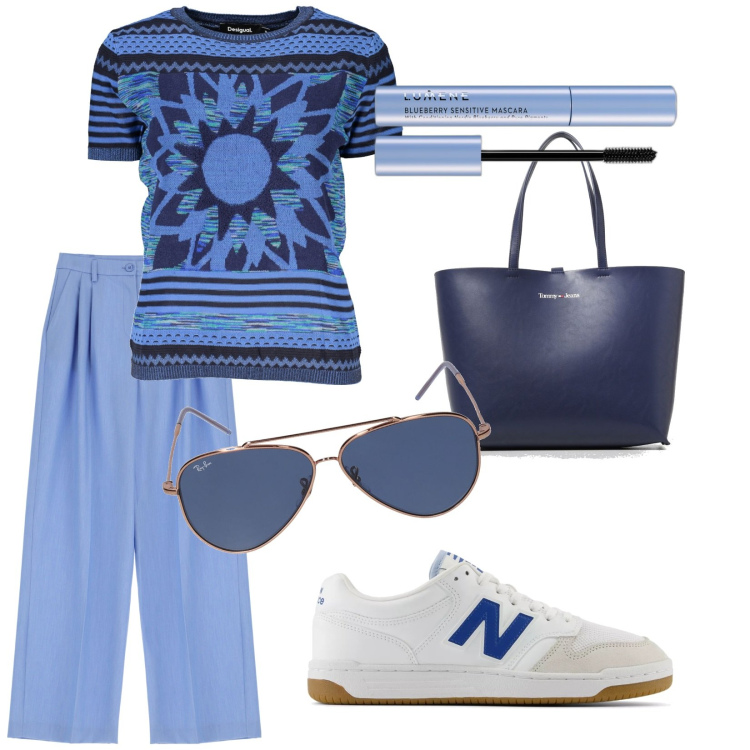 Outfit donna - Nel blu. Stile Trendy per Tutti i giorni. Abbinamento con mascara, sneakers, jeans dritti, maglieria, borse a spalla, occhiali da sole.