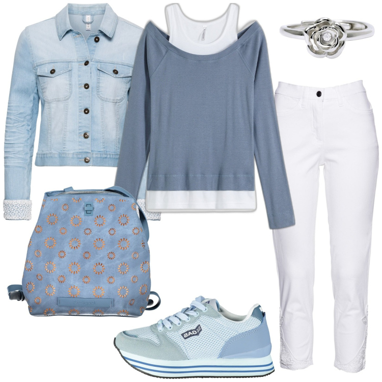 Outfit donna - Basic-giorno. Stile Basic per Tutti i giorni. Abbinamento con blazer, maglieria, jeans, anelli, scarpe sportive, zaini.