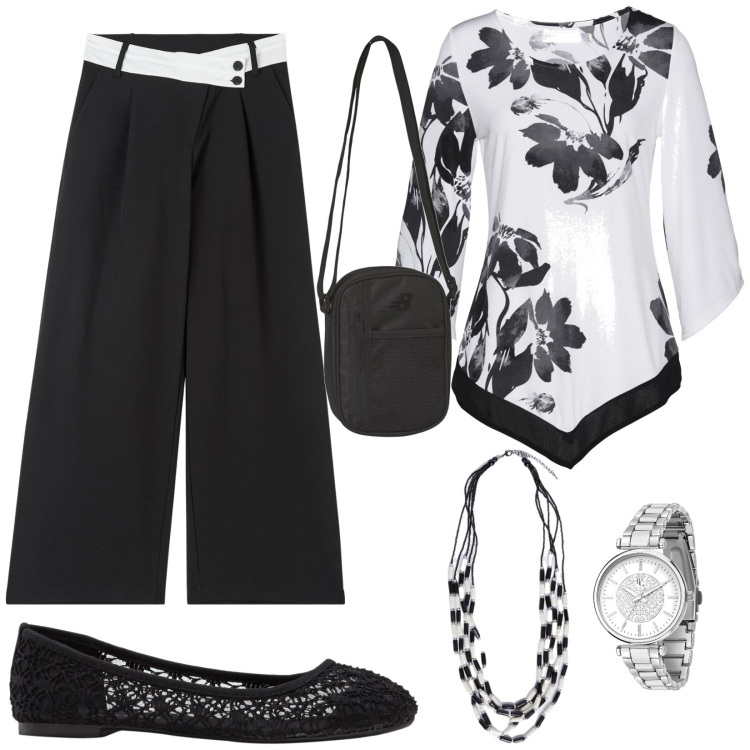 Outfit donna - Bianco e nero. Stile Casual per Tutti i giorni. Abbinamento con ballerine, maglieria, orologi, pantaloni, borse a tracolla, collane.