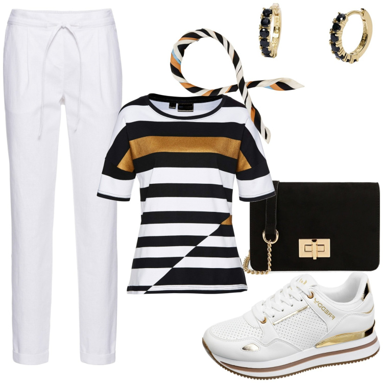 Outfit donna - Trendy curvy. Stile Trendy per Tutti i giorni. Abbinamento con pantaloni, maglieria, orecchini, foulard, sneakers, borse a tracolla.