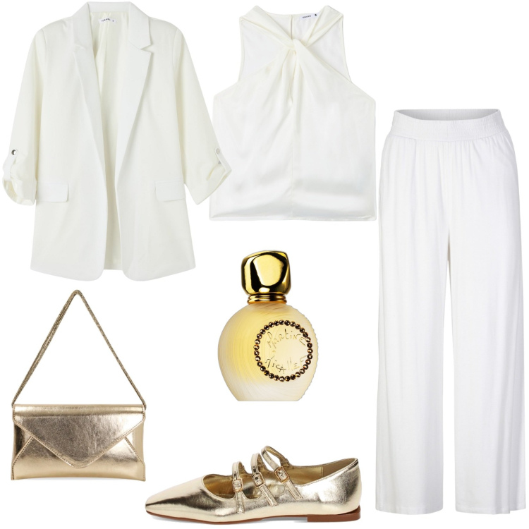Outfit donna - Total look #1872318. Stile Trendy per Serata fuori. Abbinamento con pantaloni, profumi, top, blazer, ballerine, pochette.