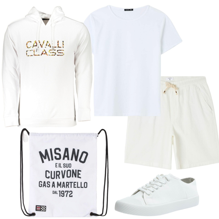 Outfit uomo - White sport. Stile Casual per Sport. Abbinamento con borse sportive, shorts, sneakers, t-shirt, felpe con cappuccio.