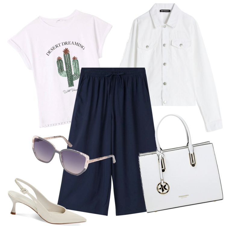 Outfit donna - Bianco e blu d\'estate. Stile Casual chic per Tutti i giorni. Abbinamento con pantaloni a palazzo, t-shirt, blazer, borse a mano, décolleté, occhiali da sole.