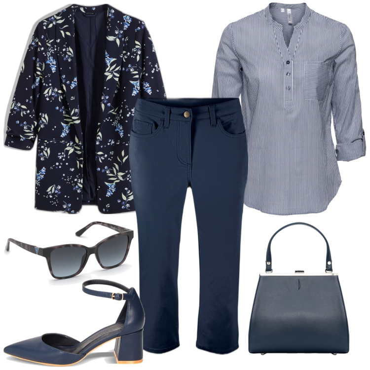 Outfit donna - In ufficio. Stile Casual per Ufficio. Abbinamento con tuniche, pantaloni capri, blazer, décolleté, clutch, occhiali da sole.