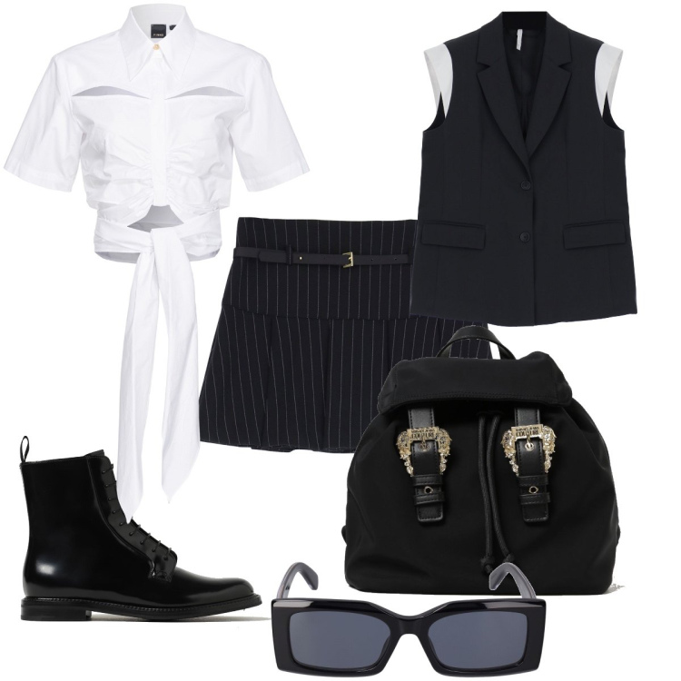 Outfit donna - Total look #1872341. Stile Preppy per Tutti i giorni. Abbinamento con gilet, minigonne, camicie, occhiali da sole, stivaletti, zaini.