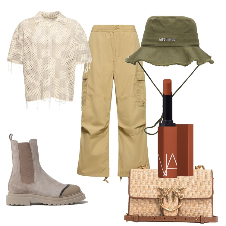 Outfit donna - Total look #1872347. Stile Military per Tutti i giorni. Abbinamento con rossetti, borse a tracolla, cappelli, pantaloni cargo, camicie a manica corta, stivaletti chelsea.