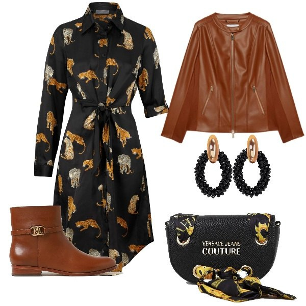 Outfit donna - Primavera Sahariana per taglie forti. Stile Minimal per Serata fuori. Abbinamento con vestiti chemisier, orecchini, borse a spalla, stivaletti, blazer.