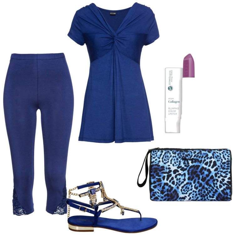 Outfit donna - Total look #1872353. Stile Casual per Tutti i giorni. Abbinamento con maglieria, leggings, rossetti, ciabatte, valigie.
