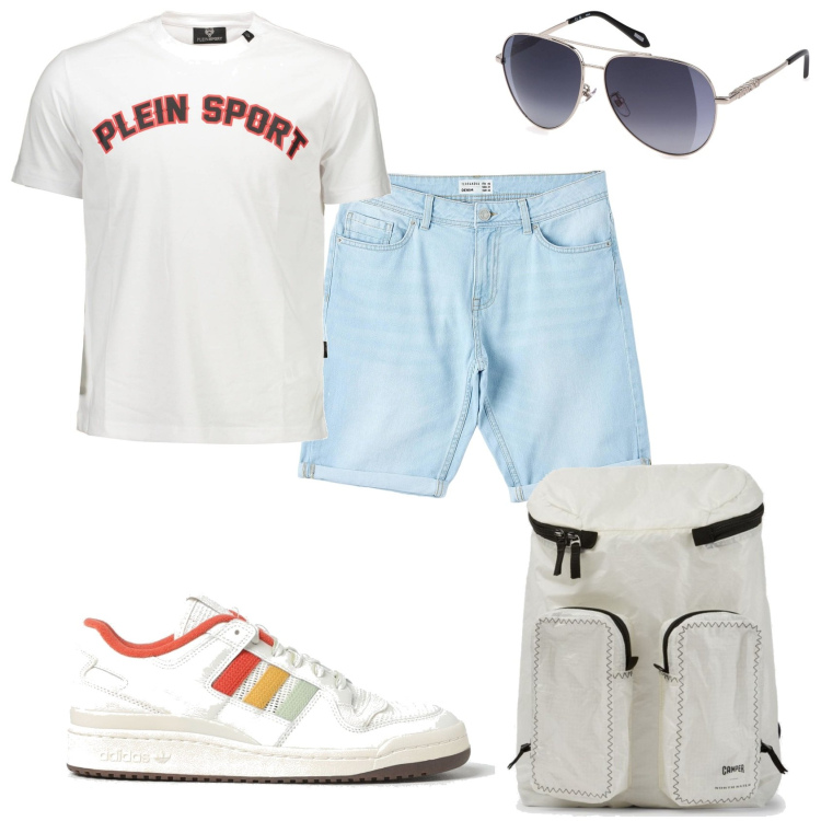 Outfit uomo - Estate in attività. Stile Casual per Tutti i giorni. Abbinamento con bermuda, sneakers, t-shirt, occhiali da sole, borse sportive.