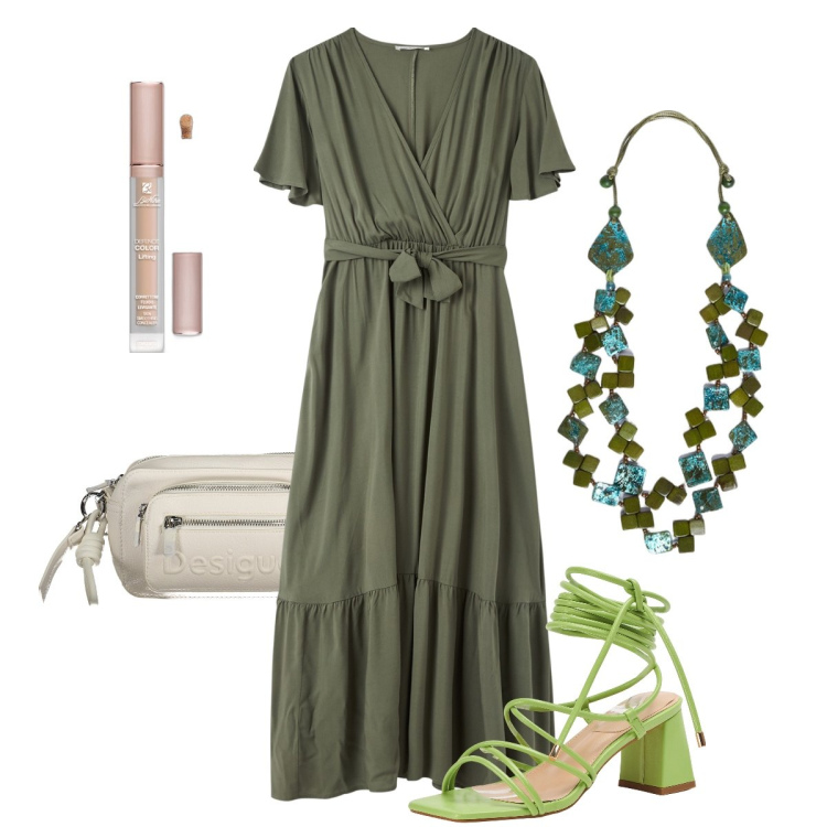 Outfit donna - Il vestito con il fiocco. Stile Bon Ton per Ufficio. Abbinamento con correttori, vestiti lunghi, sandali alla schiava, collane, borse a spalla.