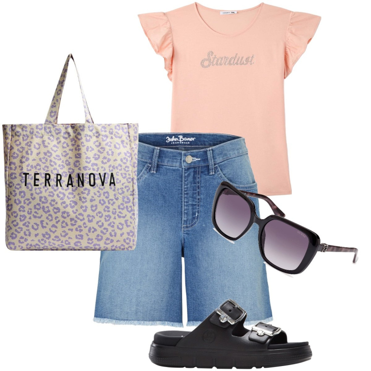 Outfit donna - La t-shirt con ruches. Stile Basic per Tutti i giorni. Abbinamento con ciabatte, shorts, t-shirt, shopping bag, occhiali da sole.
