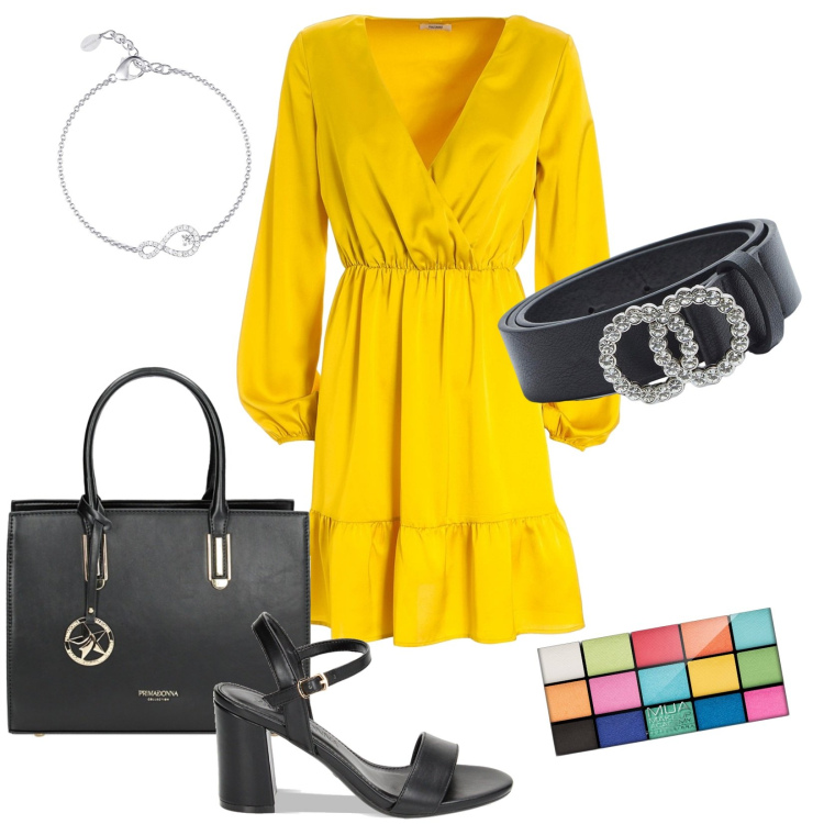 Outfit donna - Aspettando il sole. Stile Casual chic per Tutti i giorni. Abbinamento con ombretti, cinture, braccialetti, vestiti, sandali col tacco, borse a mano.
