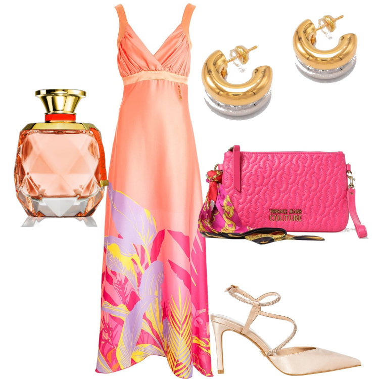 Outfit donna - Serata. Stile Chic per Serata fuori. Abbinamento con orecchini, profumi, décolleté, vestiti lunghi, borse a tracolla.