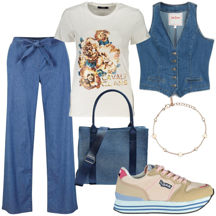 Outfit donna - Total look #1872372. Stile Casual per Tutti i giorni. Abbinamento con gilet, pantaloni, shopping bag, braccialetti, scarpe sportive, t-shirt.