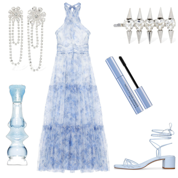 Outfit donna - Leggera come una nuvola. Stile Romantica per Cerimonia. Abbinamento con profumi, mascara, vestiti lunghi, sandali in pelle, orecchini, accessori per capelli.