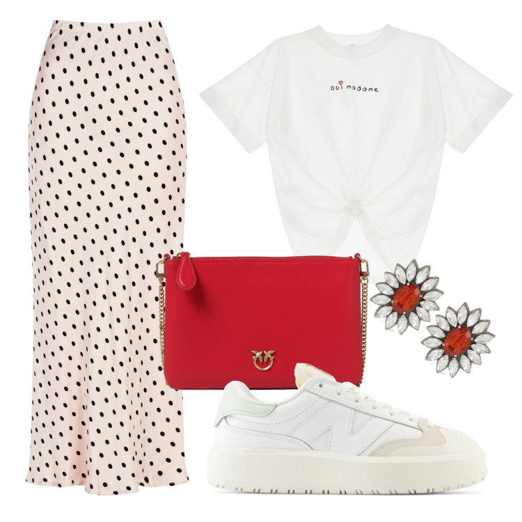 Outfit donna - Passeggiata in città. Stile Casual chic per Tutti i giorni. Abbinamento con sneakers, gonne, t-shirt, orecchini, pochette.