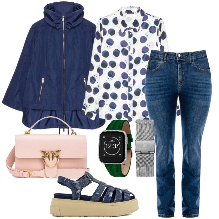 Outfit donna - La camicia a pois. Stile Trendy per Ufficio. Abbinamento con orologi, jeans dritti, borse a tracolla, parka, camicie, sandali.