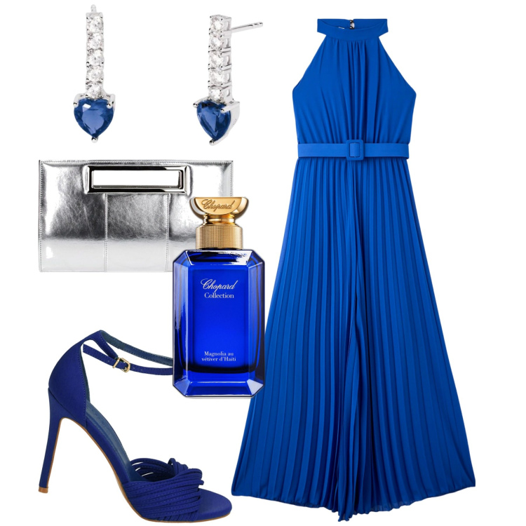 Outfit donna - Serata evento. Stile Glamour per Serata fuori. Abbinamento con profumi, tute, orecchini, sandali col tacco, pochette.