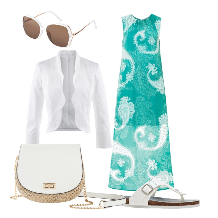 Outfit donna - Anticipo d’estate. Stile Minimal per Tutti i giorni. Abbinamento con blazer, borse a tracolla, infradito, vestiti lunghi, occhiali da sole.