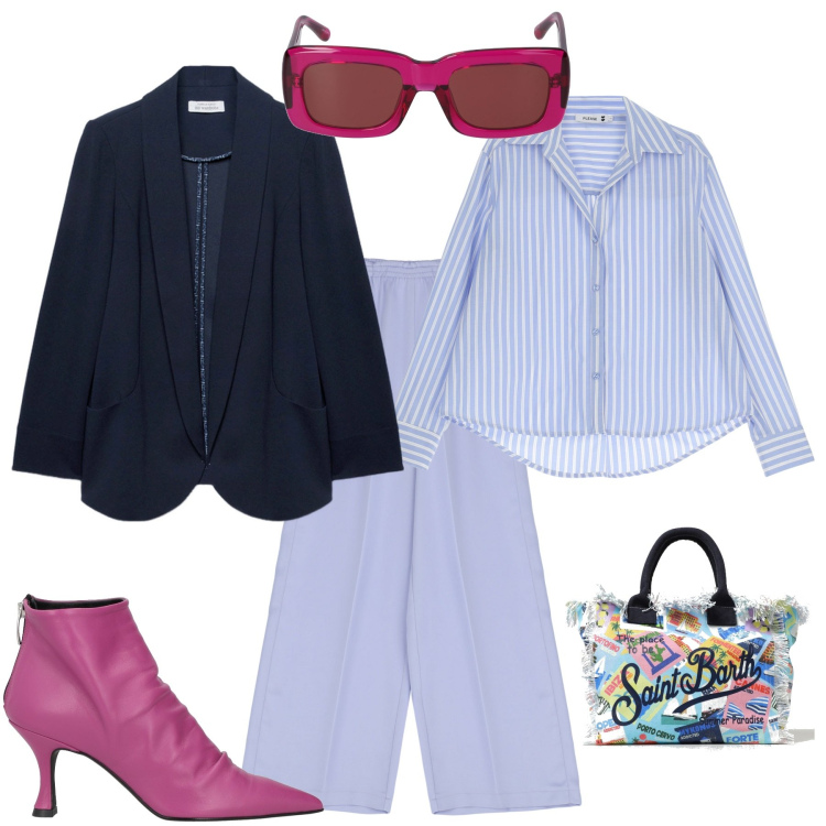 Outfit donna - Trendy per tutti I giorni. Stile Trendy per Tutti i giorni. Abbinamento con stivaletti, camicie, pantaloni a palazzo, borse tote, occhiali da sole, blazer.