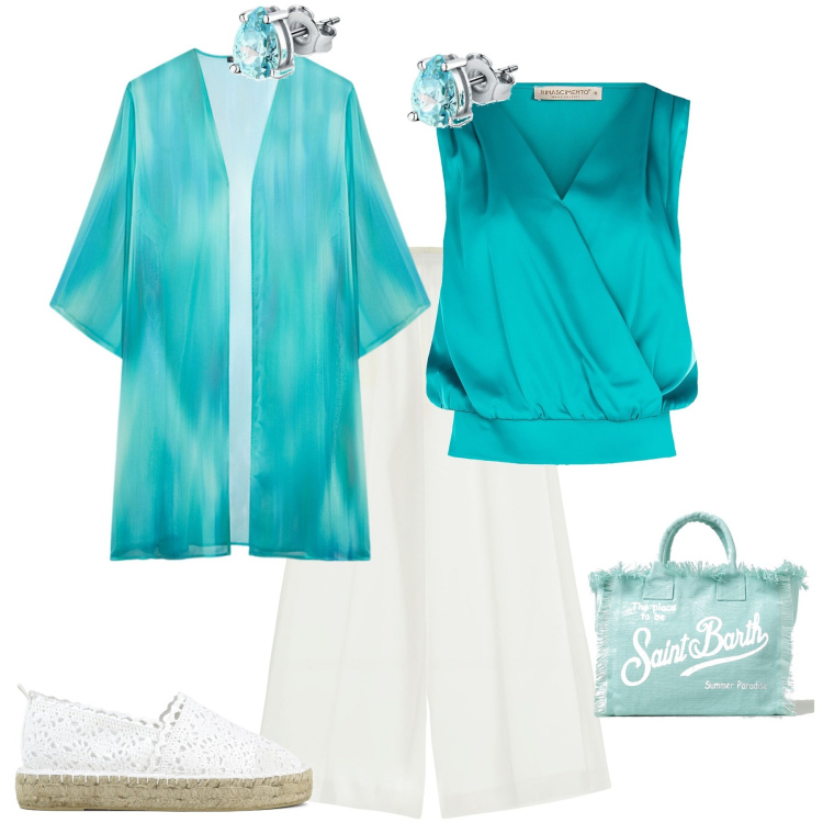 Outfit donna - Chic serata speciale. Stile Chic per Serata fuori. Abbinamento con orecchini, top, pantaloni, espadrillas, borse tote, caftani.