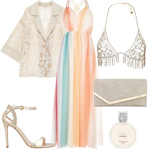 Outfit donna - met gala-garden after rain. Stile Glamour per Serata fuori. Abbinamento con profumi, sandali in pelle, vestiti lunghi, blazer, orologi, pochette.