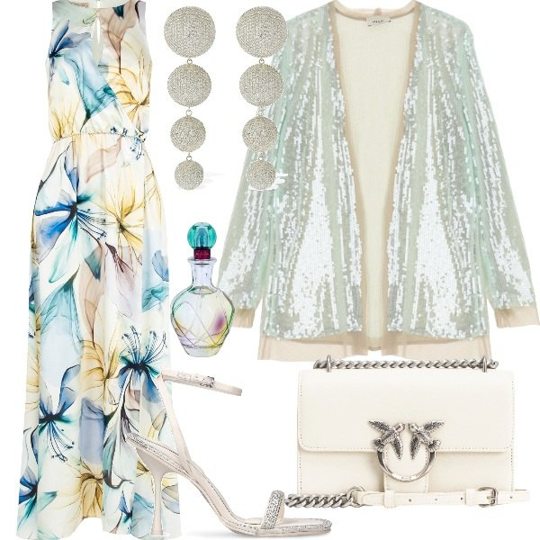 Outfit donna - met gala-blooming like a flowers. Stile Glamour per Serata fuori. Abbinamento con profumi, borse a tracolla, vestiti lunghi, blazer, sandali in pelle, orecchini.