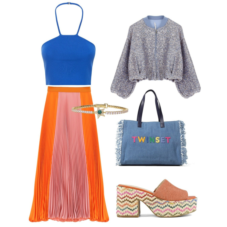 Outfit donna - Serata in spiaggia. Stile Boho per Serata fuori. Abbinamento con braccialetti, gonne lunghe, blazer, sandali, borse tote, top.