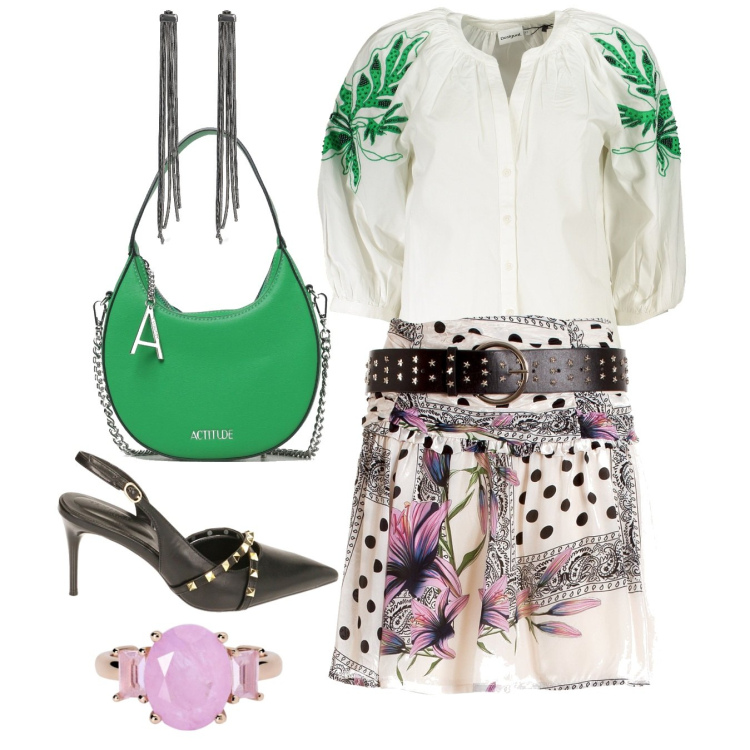 Outfit donna - Rock e fiori. Stile Rock per Serata fuori. Abbinamento con anelli, gonne, décolleté, borse a spalla, orecchini, camicie.
