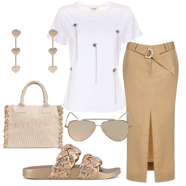 Outfit donna - Le ciabatte dorate. Stile Trendy per Tutti i giorni. Abbinamento con orecchini, shopping bag, gonne longuette, t-shirt, ciabatte, occhiali da sole.