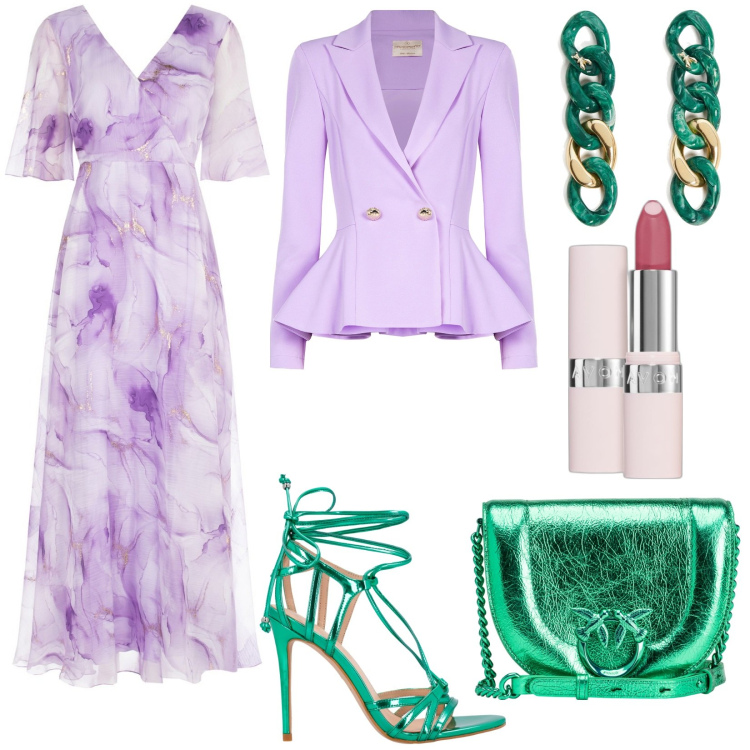 Outfit donna - Glamour. Stile Glamour per Cerimonia. Abbinamento con orecchini, rossetti, borse a tracolla, sandali in pelle, vestiti lunghi, blazer.
