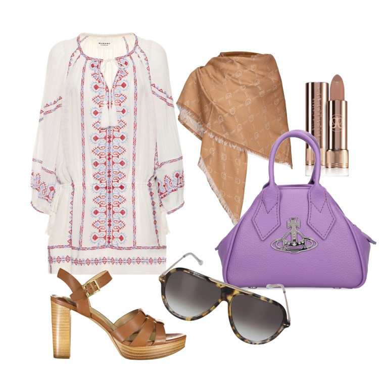 Outfit donna - Ghost outfitter - maggio. Stile Boho per Tutti i giorni. Abbinamento con rossetti, sciarpe, borse a mano, sandali col tacco, vestiti, occhiali da sole.
