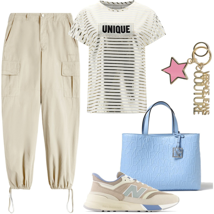 Outfit donna - Pantaloni in stile workwear. Stile Casual per Sport. Abbinamento con scarpe sportive, pantaloni cargo, t-shirt, borse tote, portachiavi.