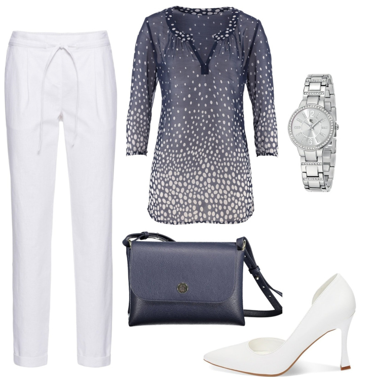 Outfit donna - Verso l\'estate. Stile Casual chic per Tutti i giorni. Abbinamento con pantaloni, bluse, orologi, décolleté, borse a spalla.
