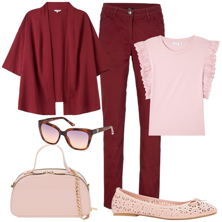 Outfit donna - Bordeaux e rosa. Stile Casual chic per Tutti i giorni. Abbinamento con ballerine, pantaloni, t-shirt, kimono, borse a mano, occhiali da sole.