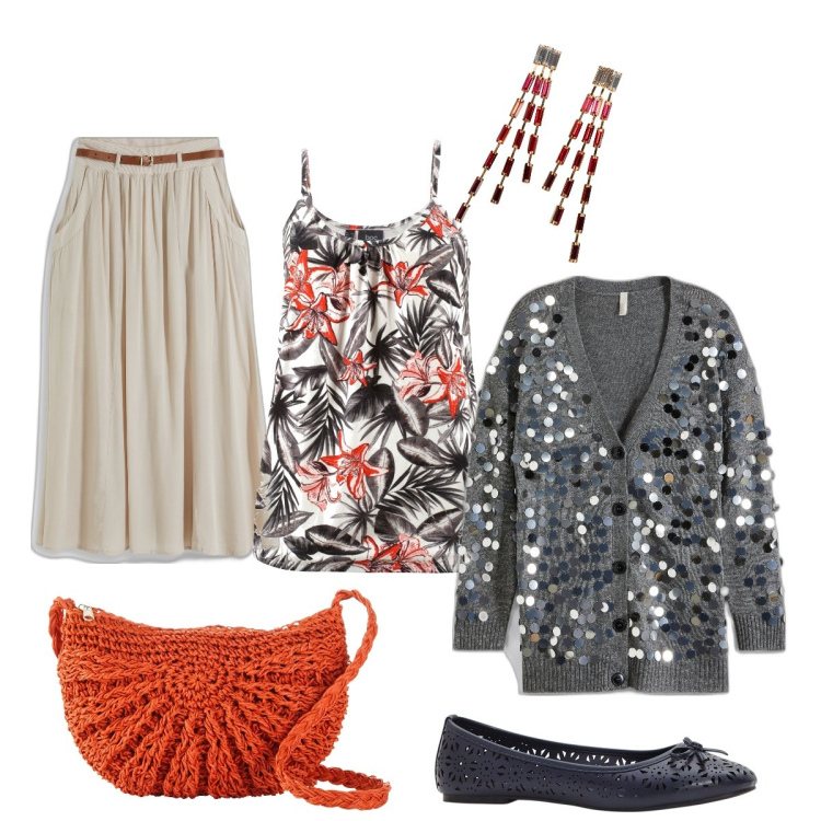 Outfit donna - In città. Stile Bon Ton per Tutti i giorni. Abbinamento con top, gonne lunghe, ballerine, orecchini, cardigans, borse a tracolla.