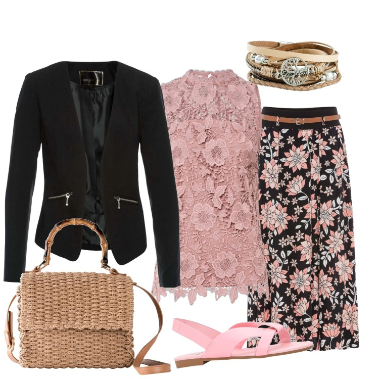 Outfit donna - Aperitivo con le amiche. Stile Bon Ton per Serata fuori. Abbinamento con blazer, braccialetti, gonne lunghe, top, sandali, borse a mano.