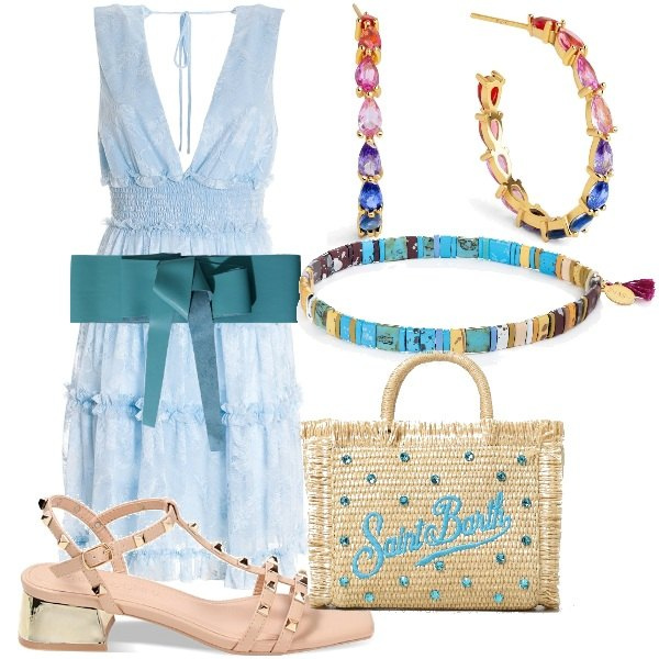 Outfit donna - Bohemien. Stile Boho per Tutti i giorni. Abbinamento con braccialetti, orecchini, cinture, vestiti senza maniche, sandali col tacco, borse a mano.