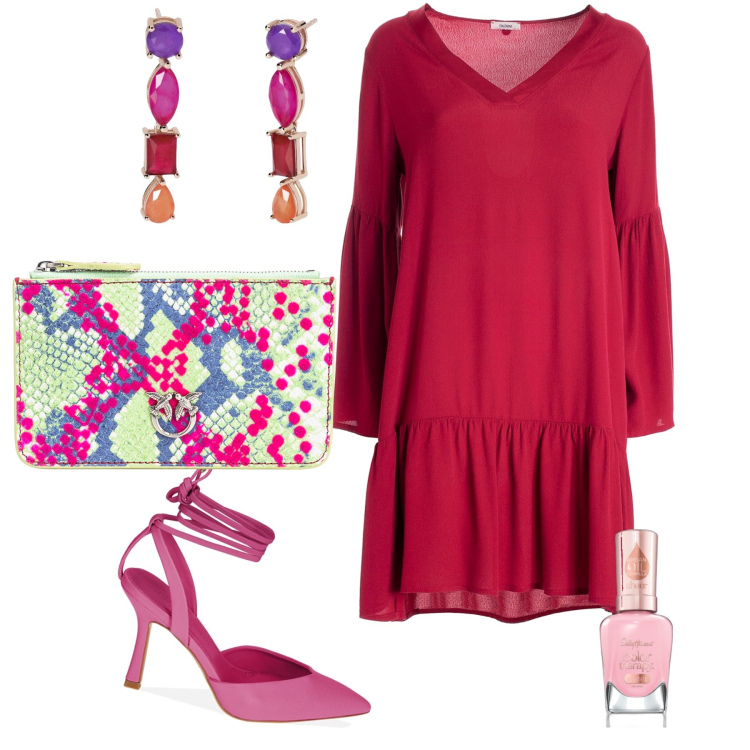 Outfit donna - Gli orecchini importanti. Stile Glamour per Serata fuori. Abbinamento con smalti, orecchini, borse a spalla, vestiti, décolleté.