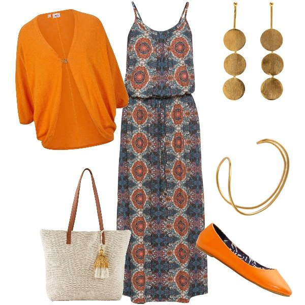 Outfit donna - Total look #1872654. Stile Romantica Abbinamento con vestiti lunghi, cardigans, ballerine, shopping bag, braccialetti, orecchini.