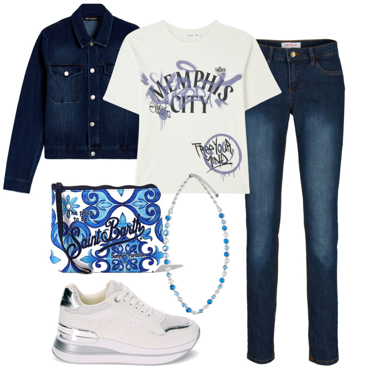 Outfit donna - Mercoledì. Stile Basic per Tutti i giorni. Abbinamento con jeans skinny, t-shirt, sneakers, blazer, collane, clutch.